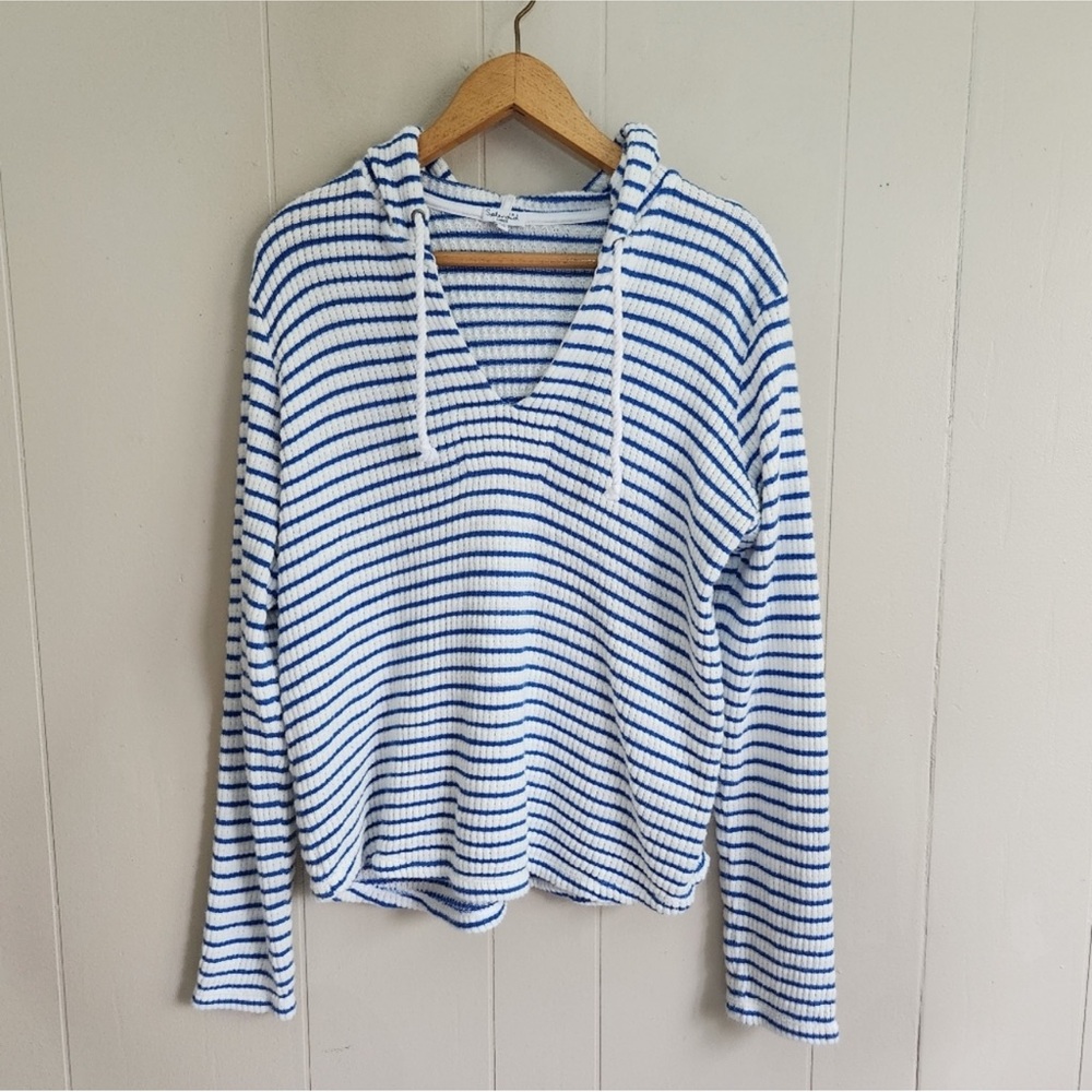 Splendid Meridian Stripe Loose Knit Hoodie blue white waffle knit S